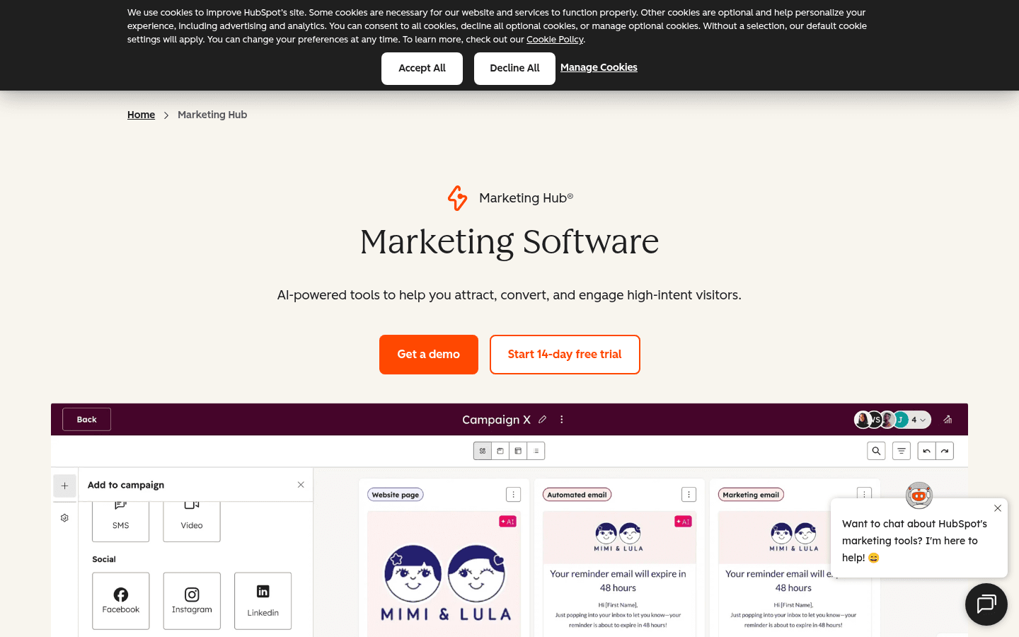 HubSpot Marketing Hub page showing a campaign workspace with web, email, social, SMS, and video assets.